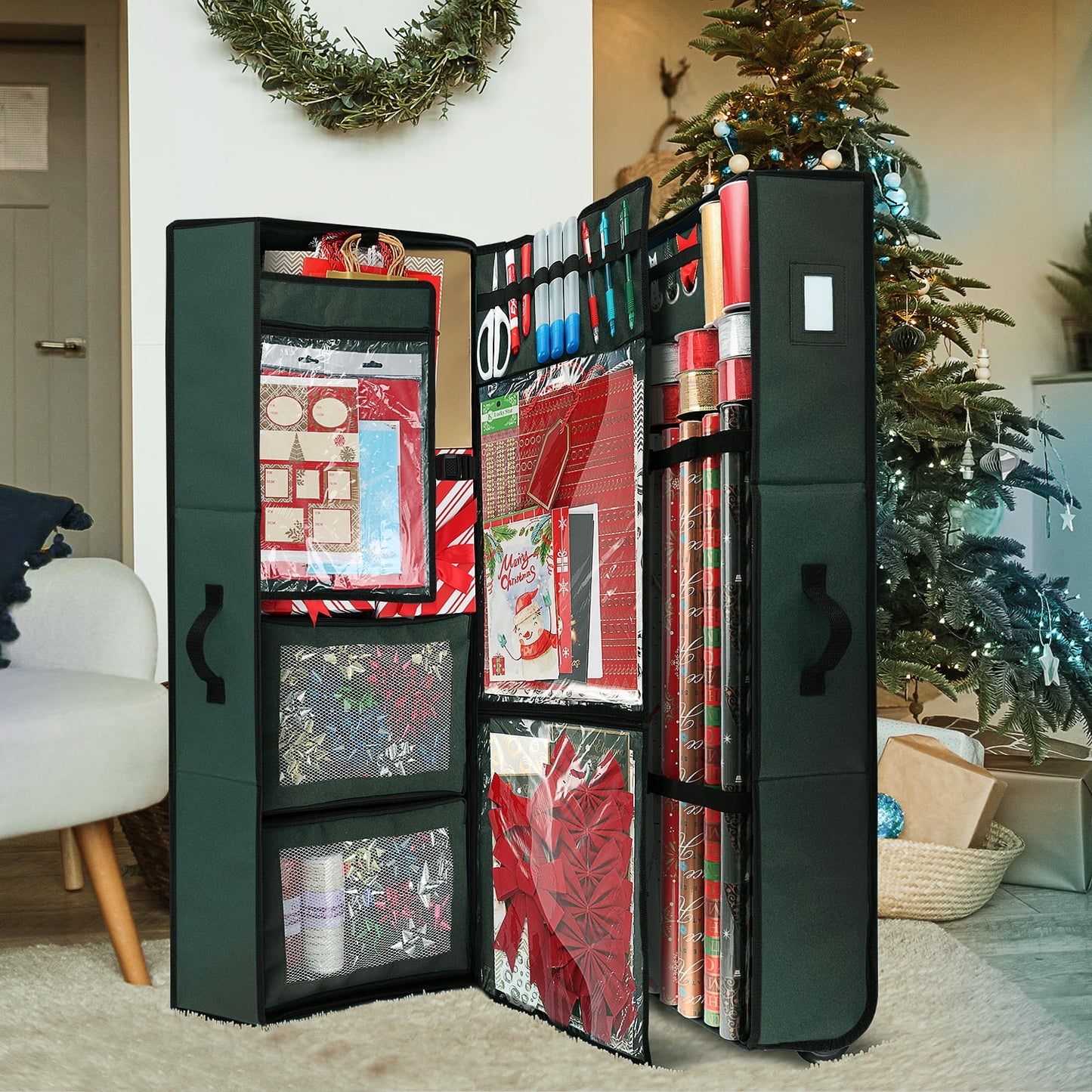 Holiday Storage with Extra 2 PC of Christmas Storage Bins and Ribbon Storage Organizer - Wrapping Paper Storage Containers with Wheels Fits up to 30 Rolls of 40" Length, Green