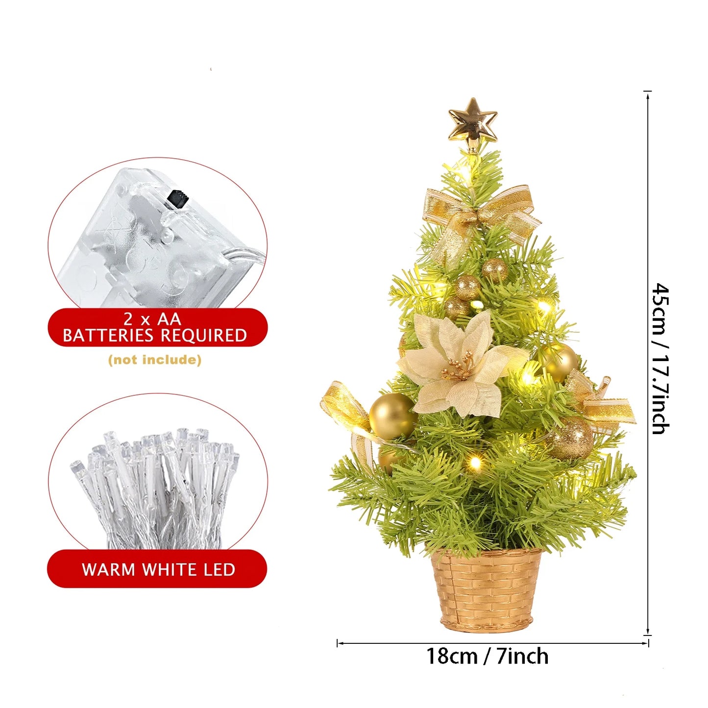 18-Inch Artificial Mini Christmas Tree with LED String Lights and Ornaments for Festive Tabletop Decor