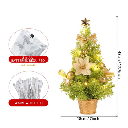 18-Inch Artificial Mini Christmas Tree with LED String Lights and Ornaments for Festive Tabletop Decor