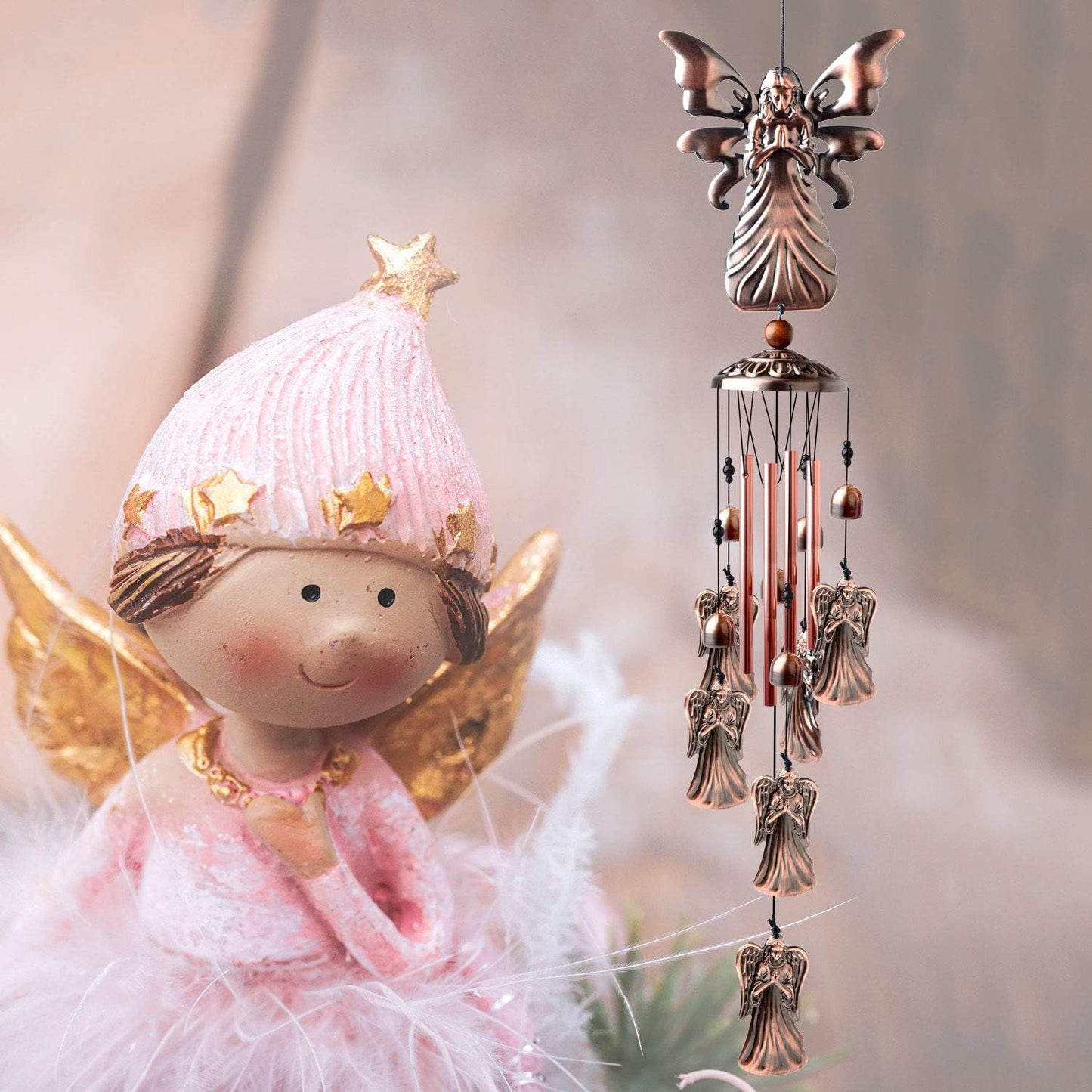 Festive Brass Angel Wind Chimes for outside ， Handcrafted with Deep Melodic Tone, Christmas/Birthday Decor for Garden & Patio Lovers, Unique Housewarming Present for Outdoor Spaces