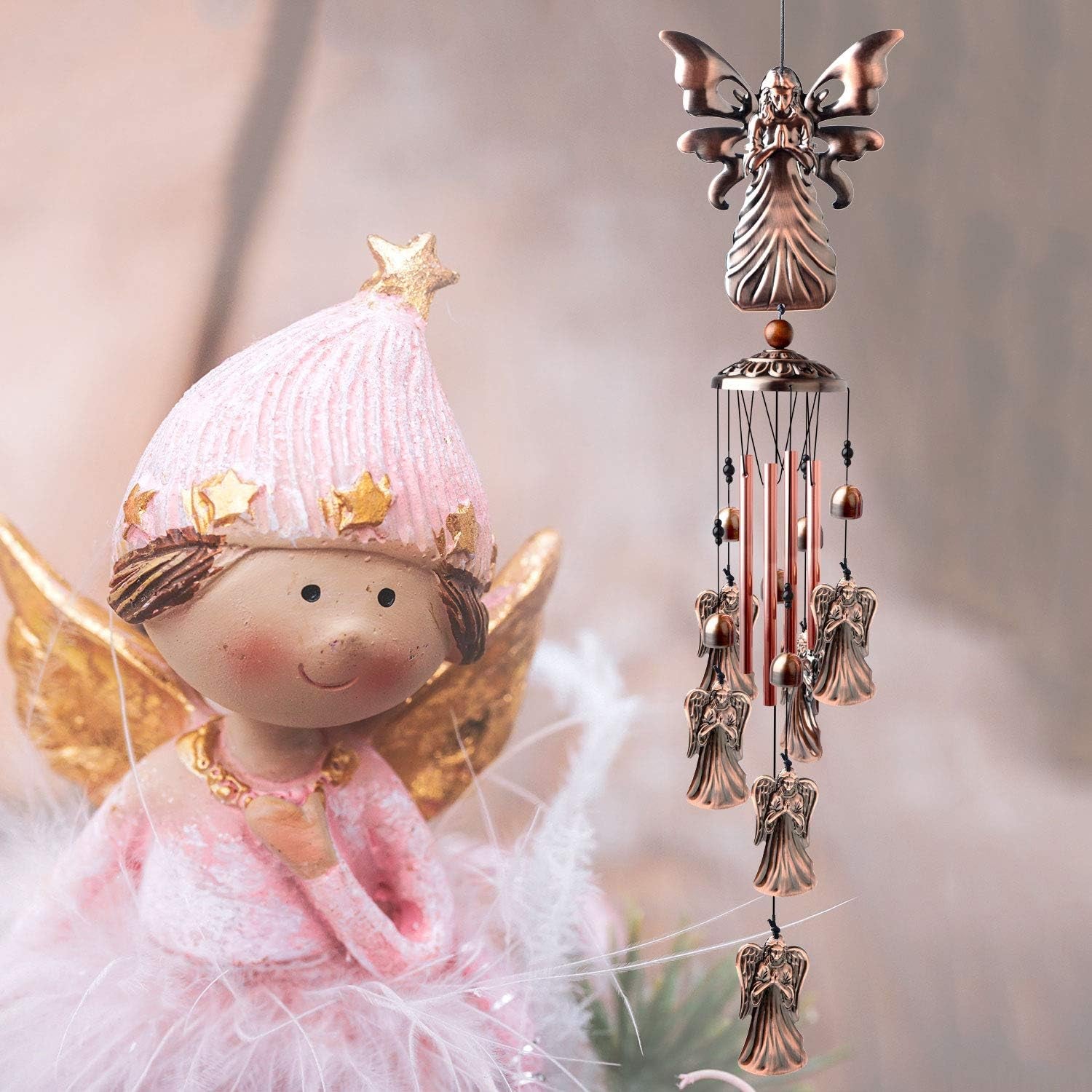 Festive Brass Angel Wind Chimes for outside ， Handcrafted with Deep Melodic Tone, Christmas/Birthday Decor for Garden & Patio Lovers, Unique Housewarming Present for Outdoor Spaces