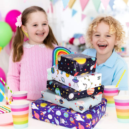 6 Sheets Gift Wrapping Paper Birthday, Boys Outer Space Design Wrapping Paper for Kids Present Birthday Party and Baby Shower