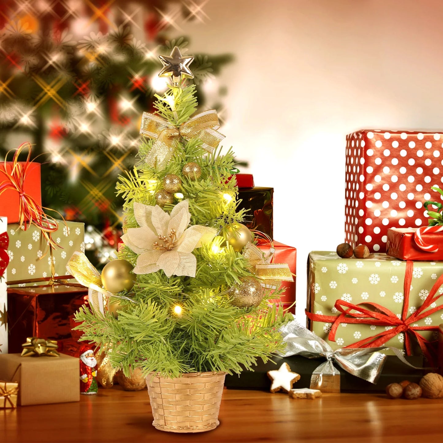 18-Inch Artificial Mini Christmas Tree with LED String Lights and Ornaments for Festive Tabletop Decor