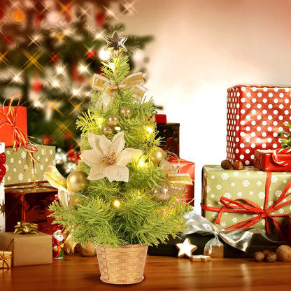 18-Inch Artificial Mini Christmas Tree with LED String Lights and Ornaments for Festive Tabletop Decor