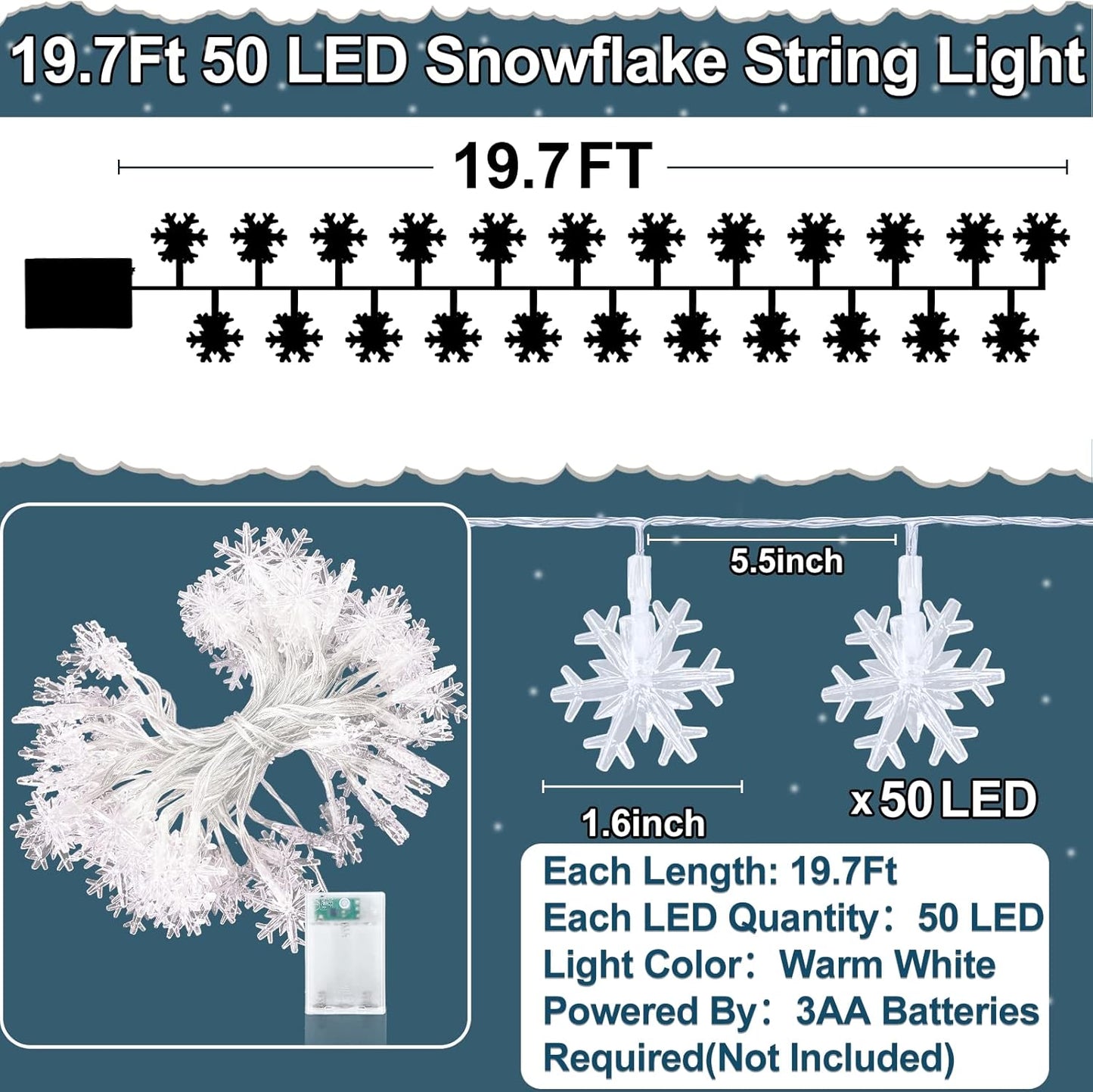 [ Timer 19.7 Ft 50 LED Snowflake Lights Decor, Battery Operated Fairy String Christmas Tree Lights Decorations Outdoor Indoor Xmas Party Home Bedroom Wedding Holiday Garden Decor(Warm White)