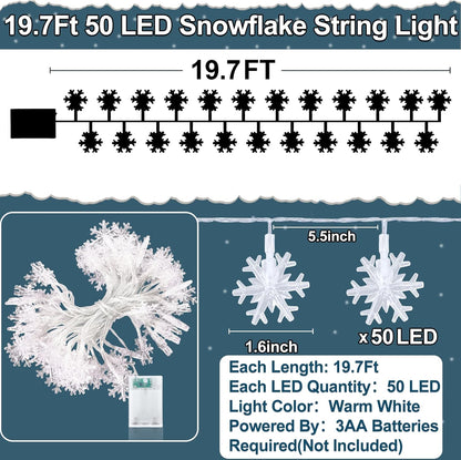 [ Timer 19.7 Ft 50 LED Snowflake Lights Decor, Battery Operated Fairy String Christmas Tree Lights Decorations Outdoor Indoor Xmas Party Home Bedroom Wedding Holiday Garden Decor(Warm White)