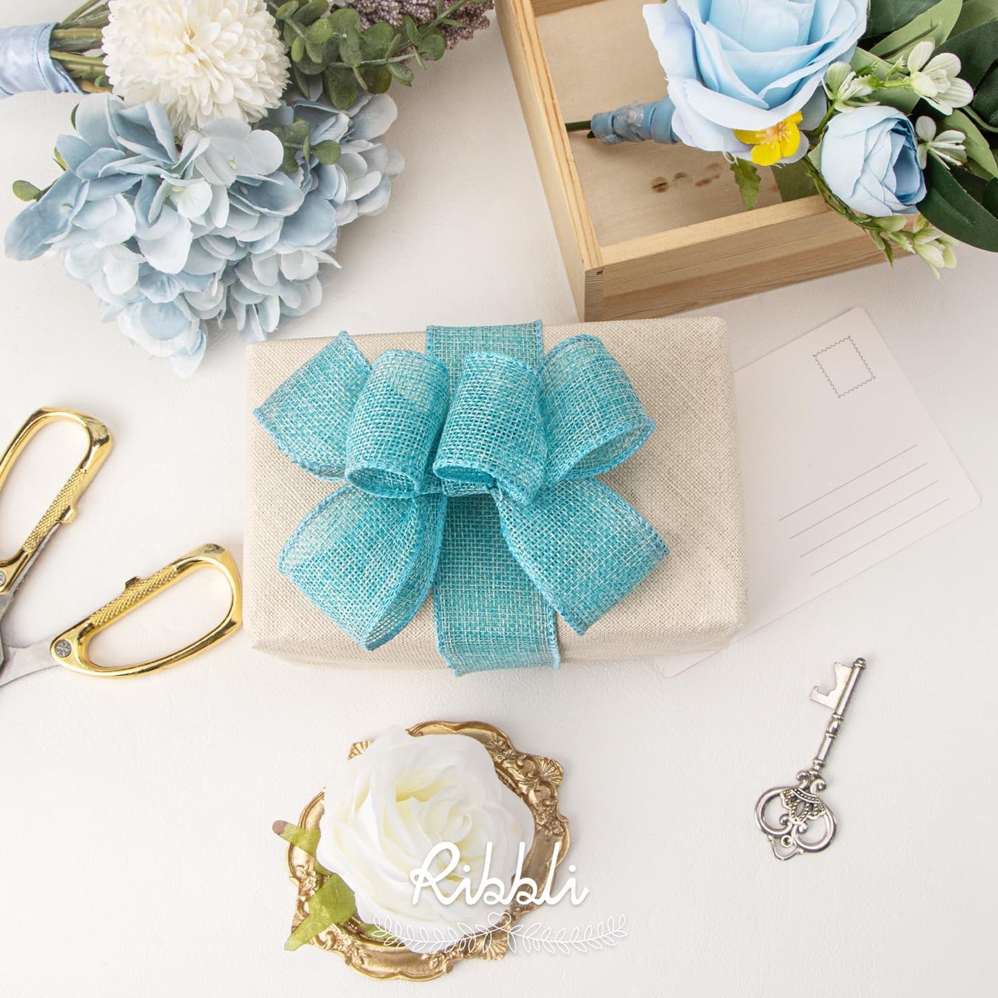 Light Blue/Ocean Blue Burlap Wired Ribbon,1-1/2” Inch X Continuous 10 Yard, Wired Edge Ribbon for Big Bow,Wreath,Tree Decoration,Outdoor Decoration