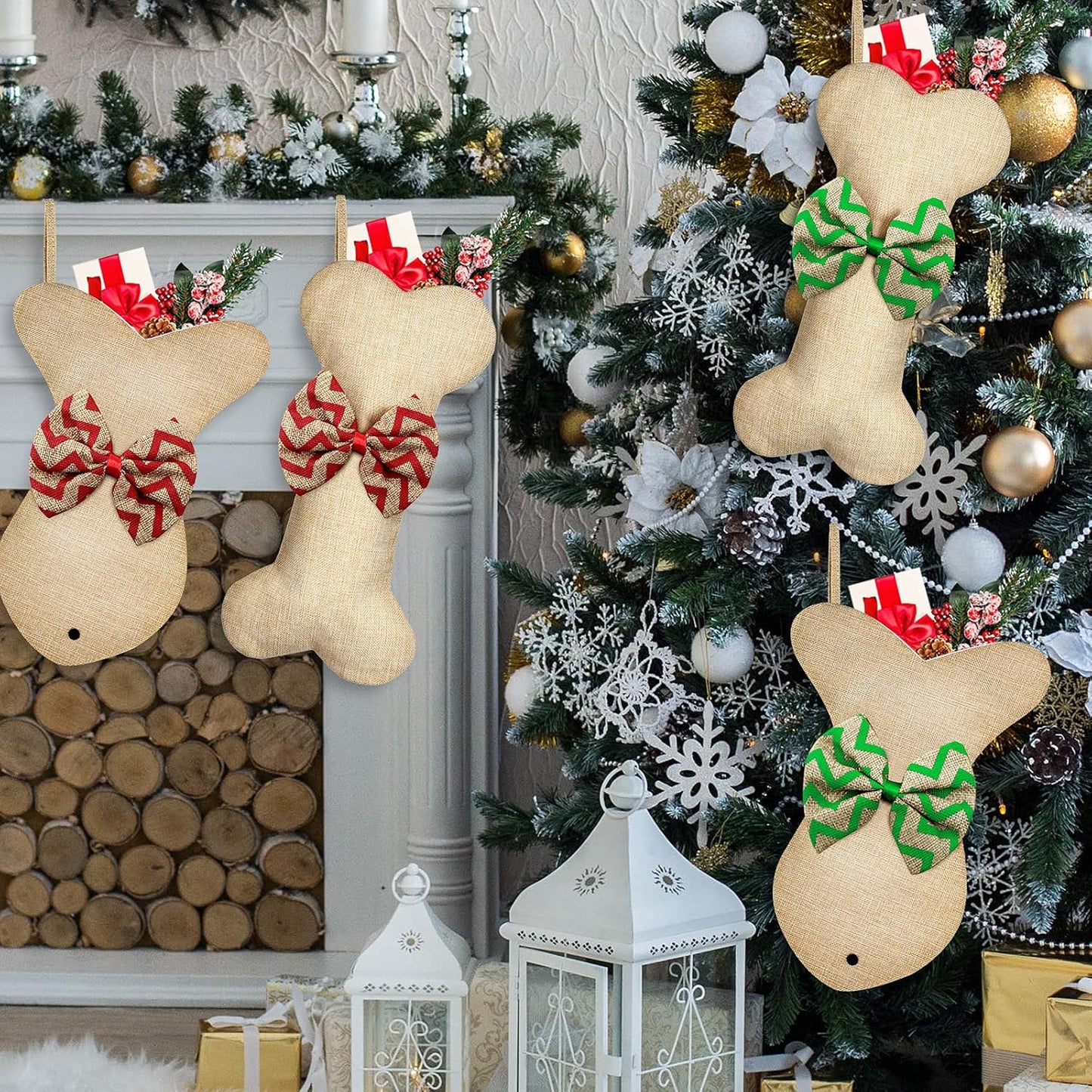 4 Pcs Dog Christmas Stocking Bone Fish Pet Christmas Stockings Pet Burlap Stocking Fireplace Hanging Stockings with Bow Knot for Dog Cat Xmas Party Decoration Gift (Bone and Fish)