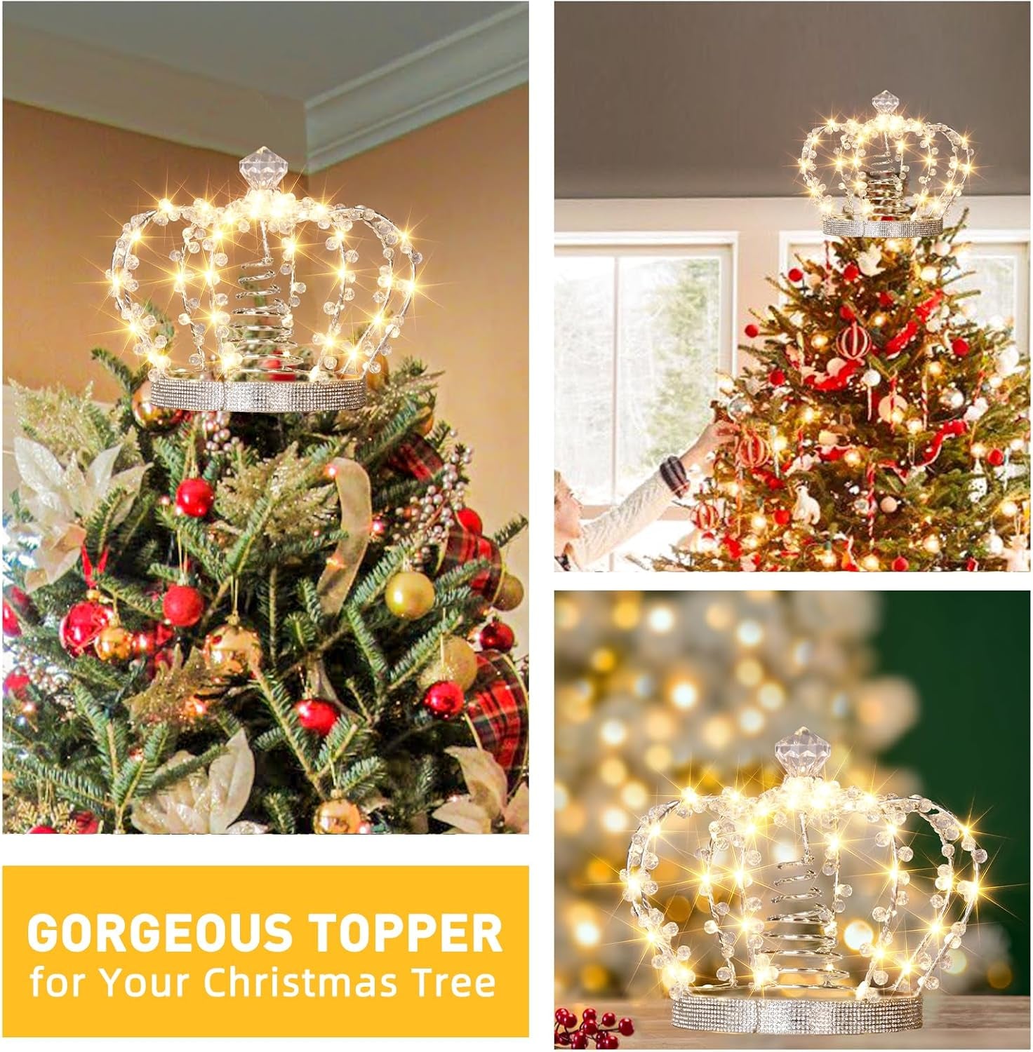 Illuminated Jeweled Crown Tree Topper with 60 Warm White Lights, Metal Design