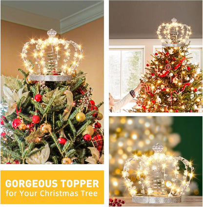 Illuminated Jeweled Crown Tree Topper with 60 Warm White Lights, Metal Design