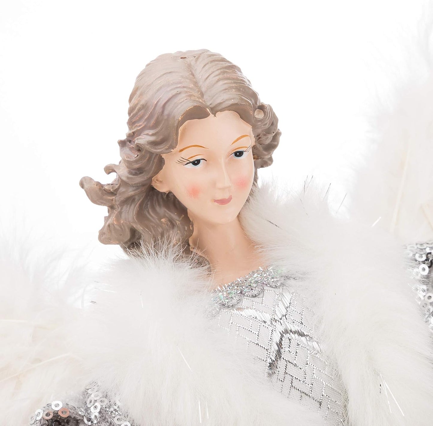16 Inches Angel Tree Topper with Shiny Sequins Luxury Dress, Christmas Treetop Flying Angel Winged Diva Fairy Goddess Figurine Holiday Ornament, Silver Grey
