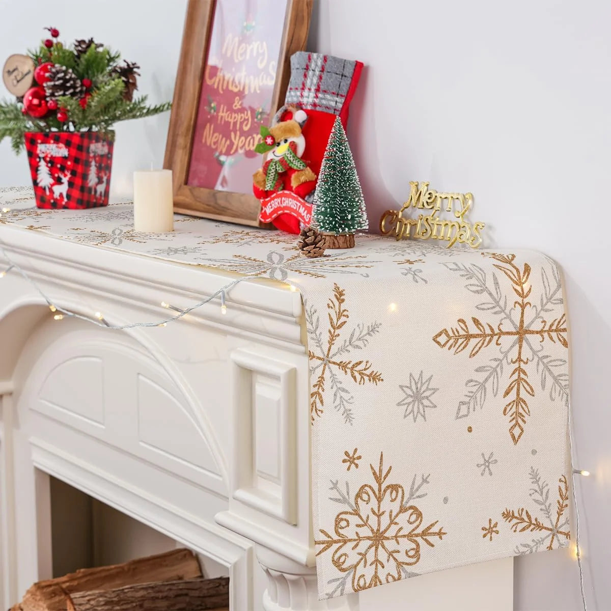 Christmas Table Runner, Snowflakes Beige Winter Holiday Home Decor for Party, 13X60 Inch, Polyester