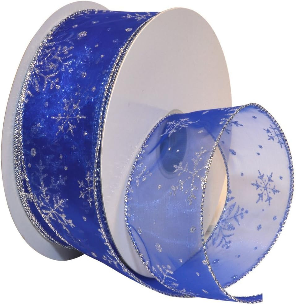 Morex Snowflake 2.5" X 50 YD Nylon Sheer Wired Glitter Ribbon in Royal Blue/Silver