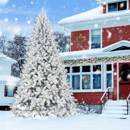 9Ft Snow Flocked Christmas Tree with 2028 Tips, Artificial Snowy Xmas Pine Tree with Reinforced Metal Base for Home Office Party Holiday Decorations ,White(No Light)