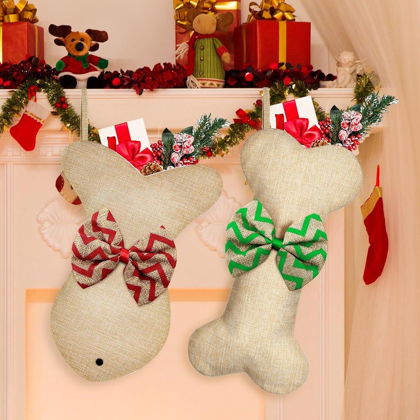 4 Pcs Dog Christmas Stocking Bone Fish Pet Christmas Stockings Pet Burlap Stocking Fireplace Hanging Stockings with Bow Knot for Dog Cat Xmas Party Decoration Gift (Bone and Fish)