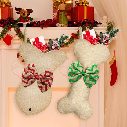 4 Pcs Dog Christmas Stocking Bone Fish Pet Christmas Stockings Pet Burlap Stocking Fireplace Hanging Stockings with Bow Knot for Dog Cat Xmas Party Decoration Gift (Bone and Fish)