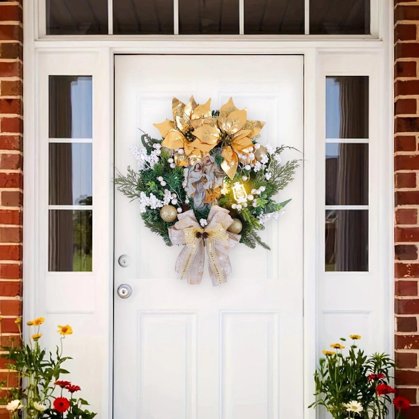Christmas Wreath with Golden Poinsettia & Lights, 16-Inch Front Door Holiday Decor Wreath with Bow & Ornaments