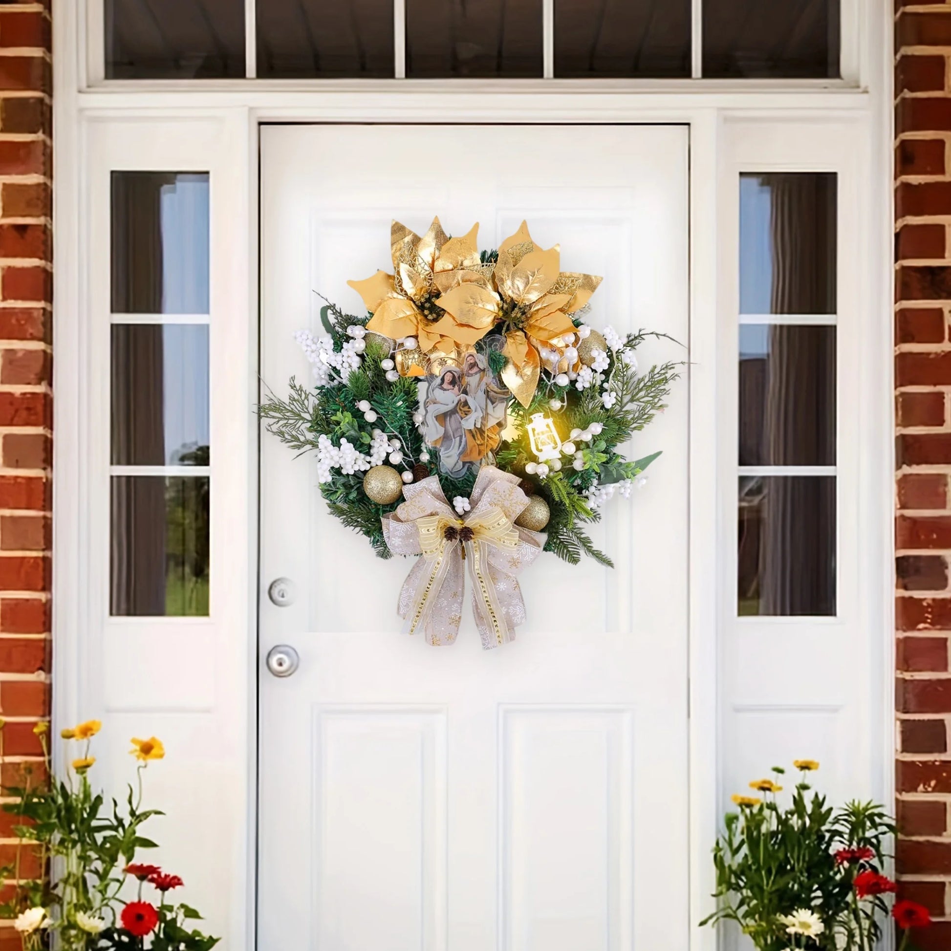 Christmas Wreath with Golden Poinsettia & Lights, 16-Inch Front Door Holiday Decor Wreath with Bow & Ornaments