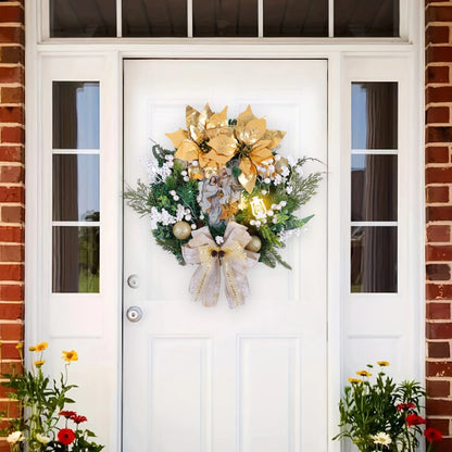 Christmas Wreath with Golden Poinsettia & Lights, 16-Inch Front Door Holiday Decor Wreath with Bow & Ornaments