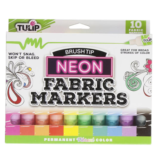 Brush Tip Fabric Markers 10-Pack – Neon Permanent Assorted Colors for DIY Crafts, Clothing & Fabric Art