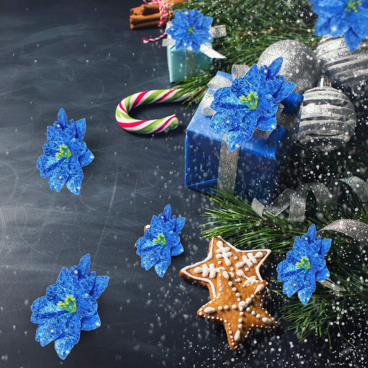 24 Pieces 3 Size Christmas Glitter Poinsettia Flowers Wedding Faux Flowers Christmas Ornaments for Christmas Tree New Year Home Outdoor Decoration, 3/4/6 Inches