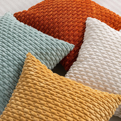 Pack of 4 Throw Pillow Covers 26X26, Christmas Soft Plush Striped Corduroy Couch Pillow Covers, Yellow Rust Aqua