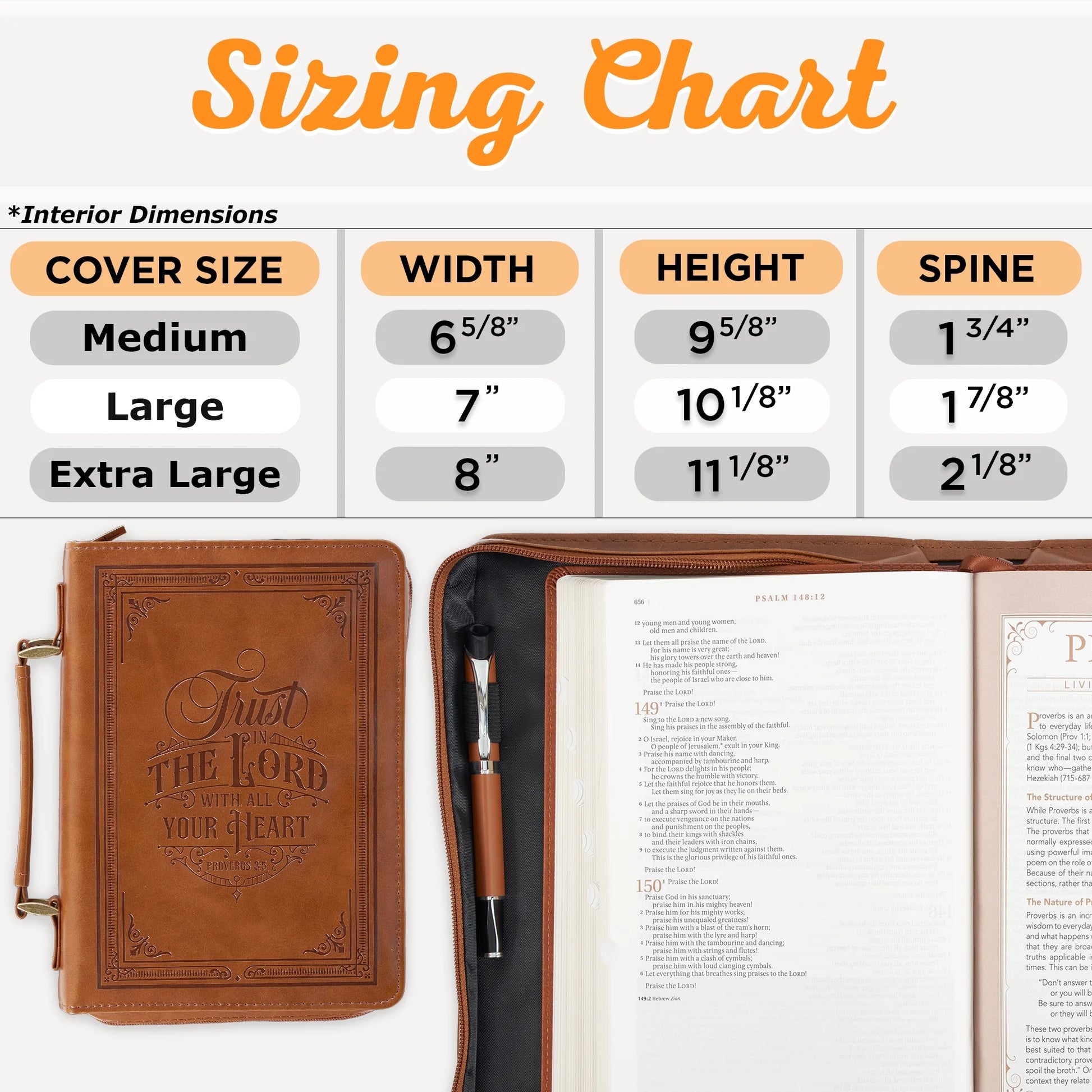 Classic Vegan Leather Bible Cover for Men & Women: Trust in the Lord Inspirational Bible Verse, Sturdy Easy Carry Book Case, Pen Loops, Pockets, Accessory Storage, Brown, XL