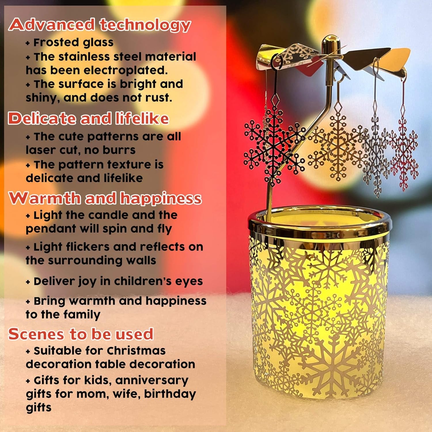 I Rotary Tea Light Carousel Angel Rotary Candle Holders Spinning Tealight Holders Christmas Decoration for Tabel Centrepieces Gift for Mom Women Wife Birthday-6 ¼ Inch Tall (Snowflake)