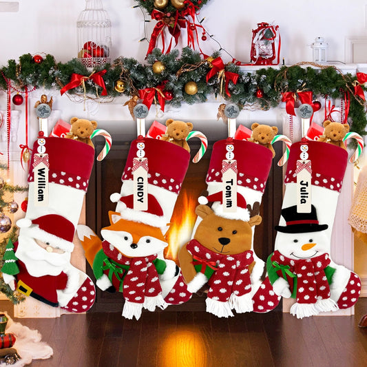 2025 New 4 Pack Christmas Stocking, Large 16’’ Xmas Stockings Snowflake Santa Snowman Reindeer Penguin and Plush Faux Fur Cuff Stockings for Stairs Fireplace Hanging Xmas Christmas Tree Decor