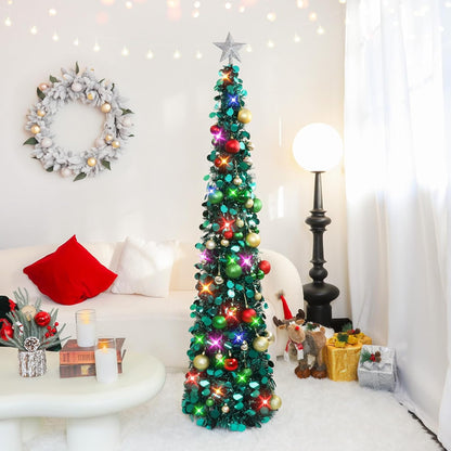 Pop up Christmas Tree with Lights, Collapsible Tinsel Xmas Tree Decorations, Pencil Christmas Tree Skinny Tree for Holiday Xmas Home Office Decor, 30 Balls, 5Ft, Peacock Blue