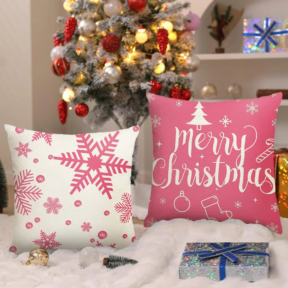 Christmas Throw Pillow Covers 18''X18'' Set of 4 Decorative Holiday Pillows Cover Cases Farmhouse Decor for Xmas Decoration Home Couch Sofa, Pink