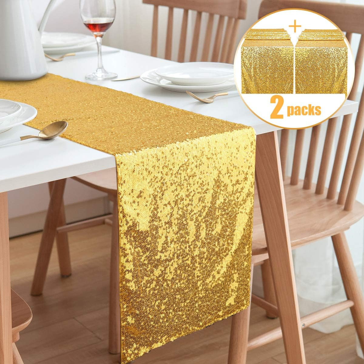 Gold Sequin Table Runners, 2 Pack Glitter 12''X108'' Table Cloth for Graduation Decorations/Birthday/Wedding/Bridal Baby Shower/Christmas Gold Party Decorations