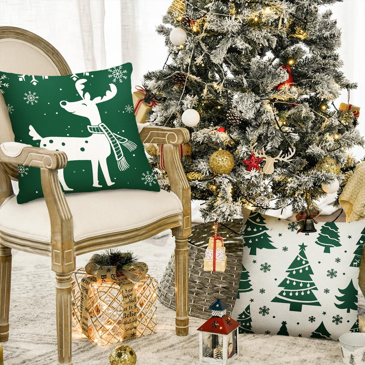 Christmas Throw Pillow Covers 18''X18'' Set of 4 Decorative Holiday Pillows Cover Cases Farmhouse Decor for Xmas Decoration Home Couch Sofa, Green