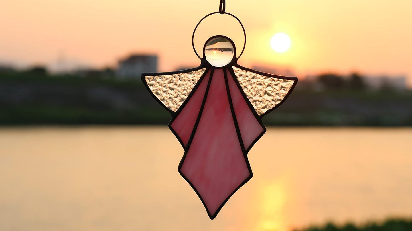 Angel Ornament,Stained Glass Window Hangings Decor,Tiffany Style Handcrafted Suncatcher for Window Memorial Remembrance Sympathy Gifts, Angel Gifts for Women(Pink)