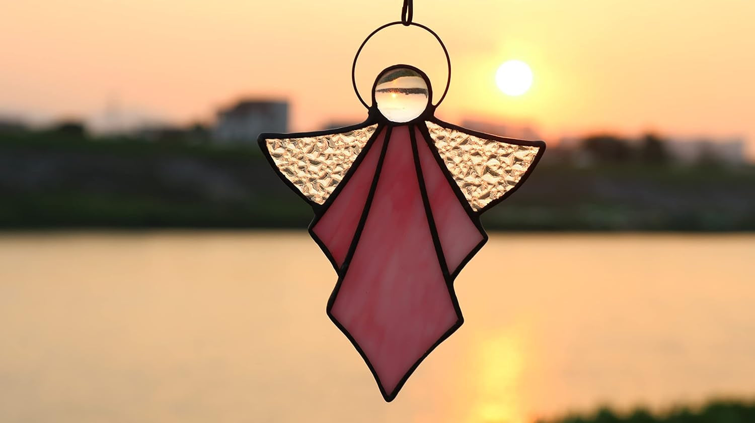 Angel Ornament,Stained Glass Window Hangings Decor,Tiffany Style Handcrafted Suncatcher for Window Memorial Remembrance Sympathy Gifts, Angel Gifts for Women(Pink)
