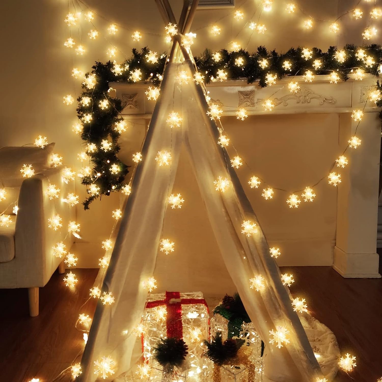 [ Timer 19.7 Ft 50 LED Snowflake Lights Decor, Battery Operated Fairy String Christmas Tree Lights Decorations Outdoor Indoor Xmas Party Home Bedroom Wedding Holiday Garden Decor(Warm White)
