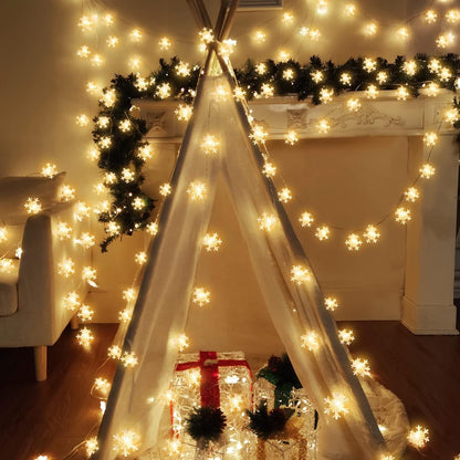 [ Timer 19.7 Ft 50 LED Snowflake Lights Decor, Battery Operated Fairy String Christmas Tree Lights Decorations Outdoor Indoor Xmas Party Home Bedroom Wedding Holiday Garden Decor(Warm White)