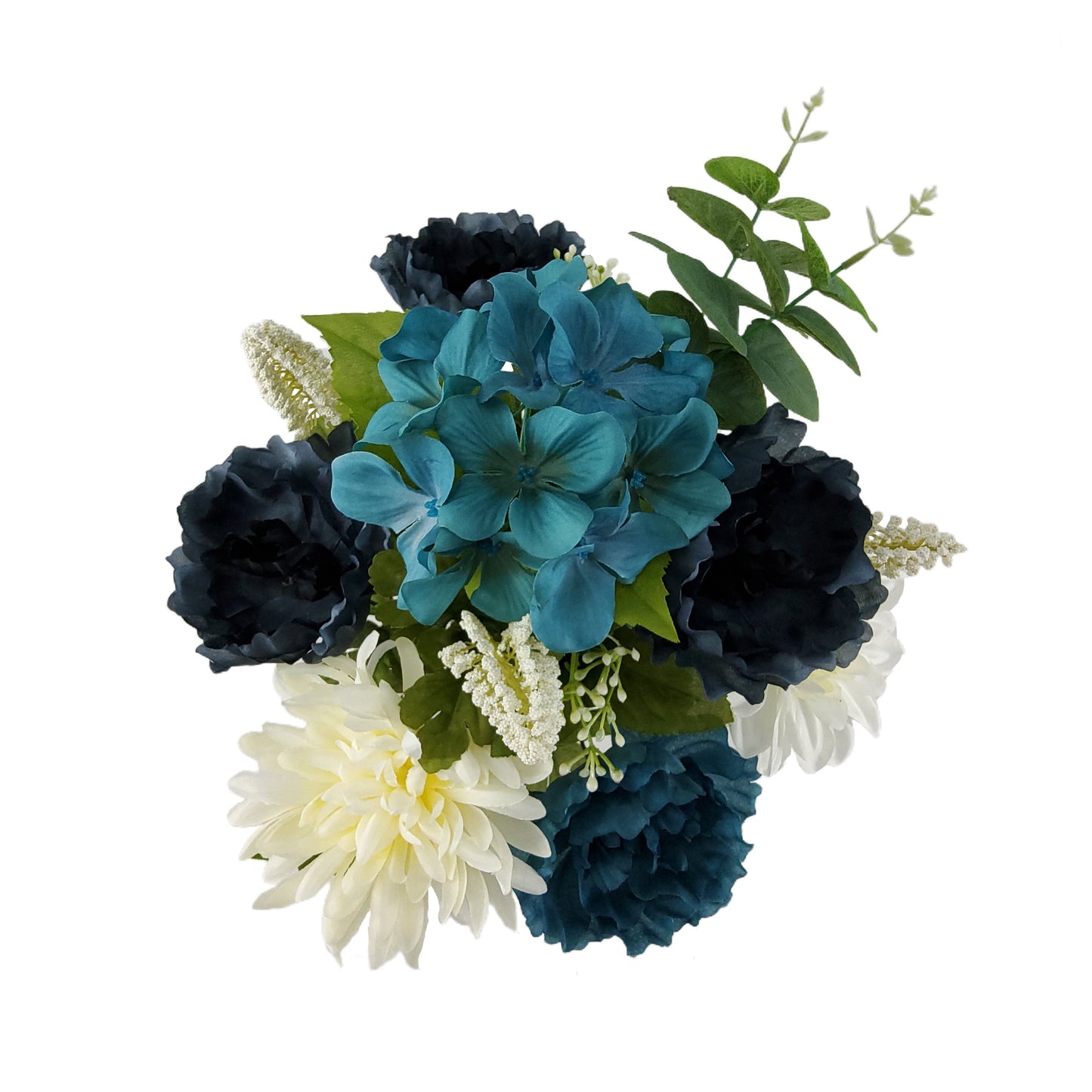 21.5 Inch Artificial Flower Hydrangea Peony Bouquet, Navy Cream Color. Indoor Use.