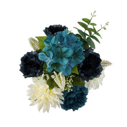 21.5 Inch Artificial Flower Hydrangea Peony Bouquet, Navy Cream Color. Indoor Use.