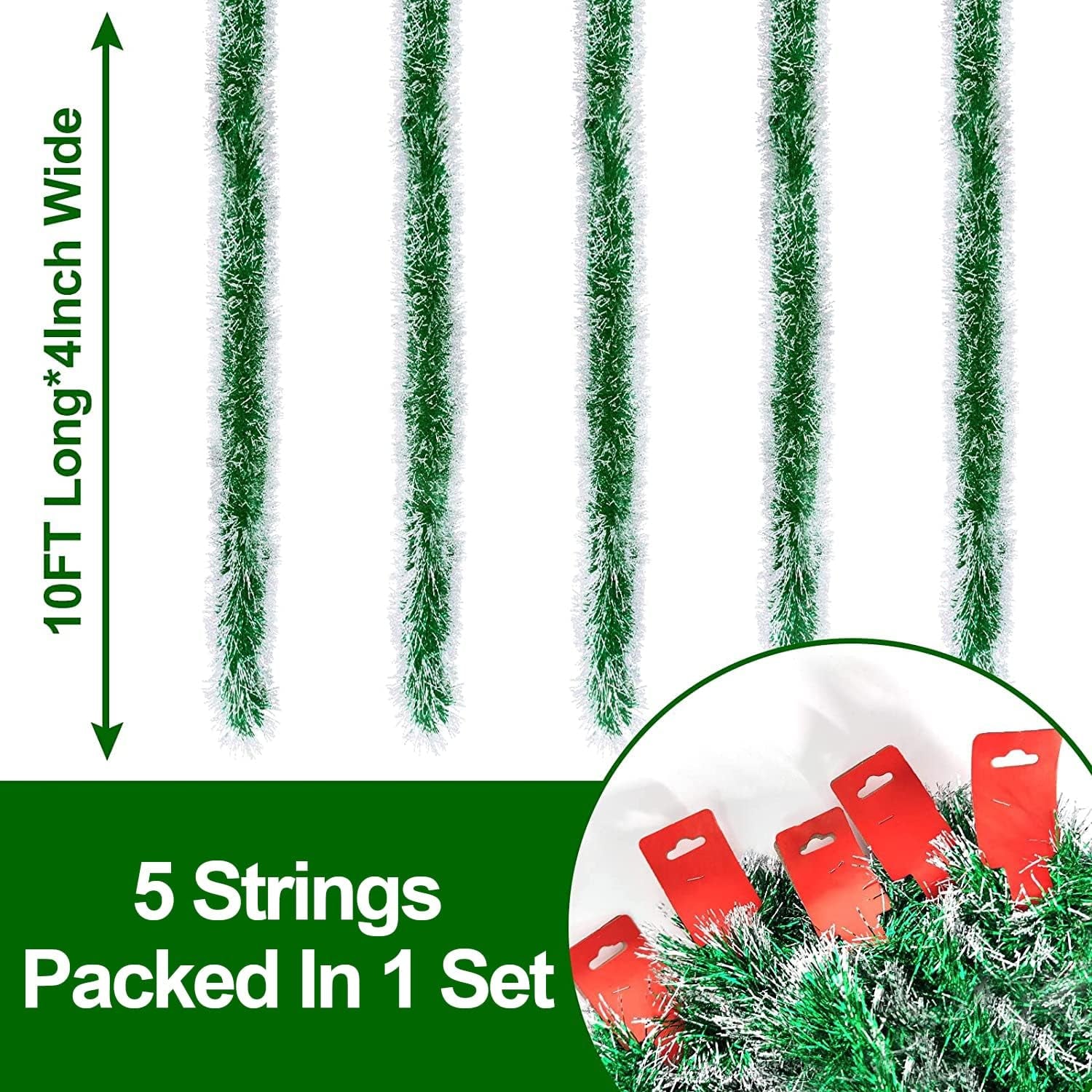 5 String Total 50 Ft Green Christmas Tinsel Garland Xmas Tree Decorations Christmas Metallic Twist Garland Hanging Decorations Indoor Outdoor Christmas Party Supplies, Each 10 Ft by 4 Inch