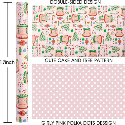 Girls Pink Wrapping Paper Roll, Pastel Cute Birthday Wrapping Paper W/Cakes, Reversible Modern Holiday Gift Wrap with Tree Present Candy Cane for Christmas, Party, Decorative Craft Supply