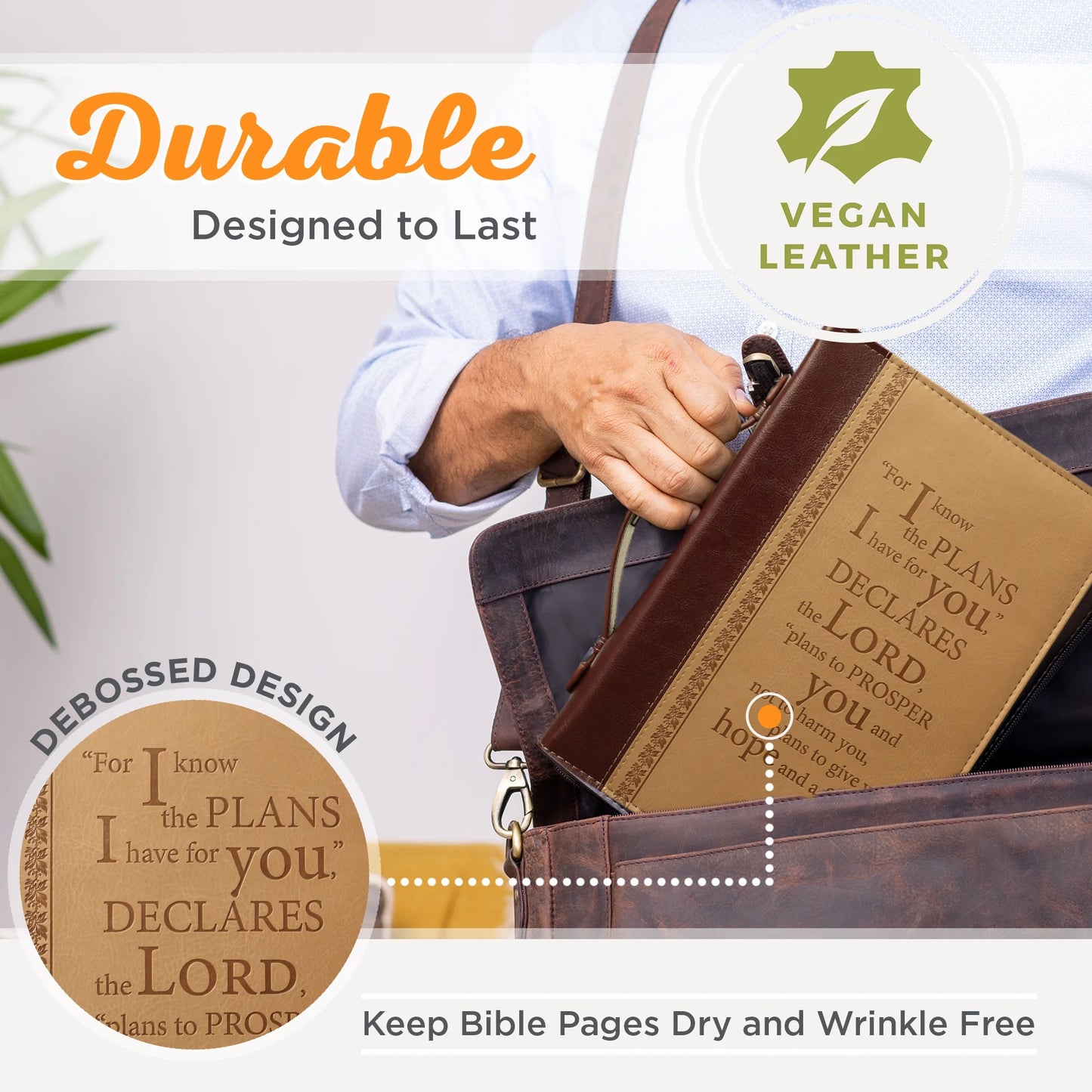 Tan Faux Leather Bible Cover for Men and Women I Know the Plans - Jeremiah 29:11 Zippered Case for Bible or Book with Handle, Extra Large