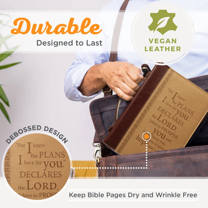 Tan Faux Leather Bible Cover for Men and Women I Know the Plans - Jeremiah 29:11 Zippered Case for Bible or Book with Handle, Extra Large