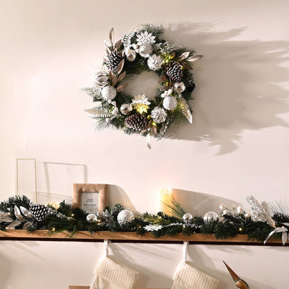 24 Inches Pre-Lit Christmas Wreath Silver White Lighted Wreath with Pine Cone & Snowflake & Silver White Ornament Perfect Gift for Wedding Valentine'S Day Party Front Door Decoration