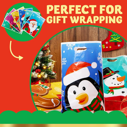 72 Pcs Christmas Bags for Xmas Holiday Goody Gift, 11" X 16"Christmas Snacks Plastic Shopping Bags with Handles for Present Wrapping, Festive Party Favor, Party Decoration Supplies