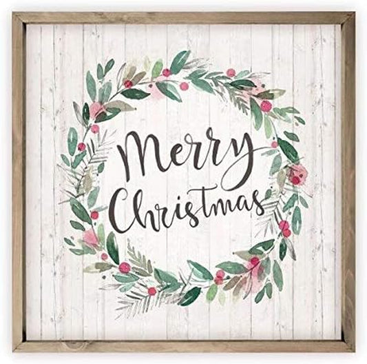 Merry Christmas Berry Wreath Rustic Wood Sign 12X12 (Frame Included)