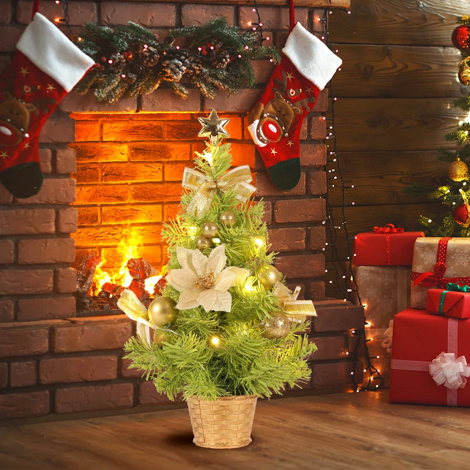 18-Inch Artificial Mini Christmas Tree with LED String Lights and Ornaments for Festive Tabletop Decor