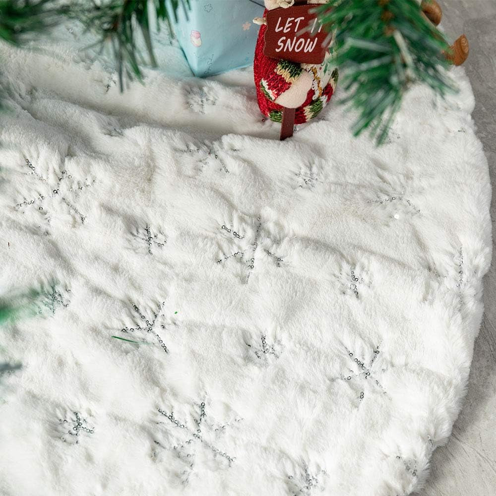 White Plush Christmas Tree Skirt - 90Cm Snow Fur Mat with Silver Sequin Snowflake Xmas Tree Skirt Base Cover for Christmas & New Year Decorations (White, 35Inches)