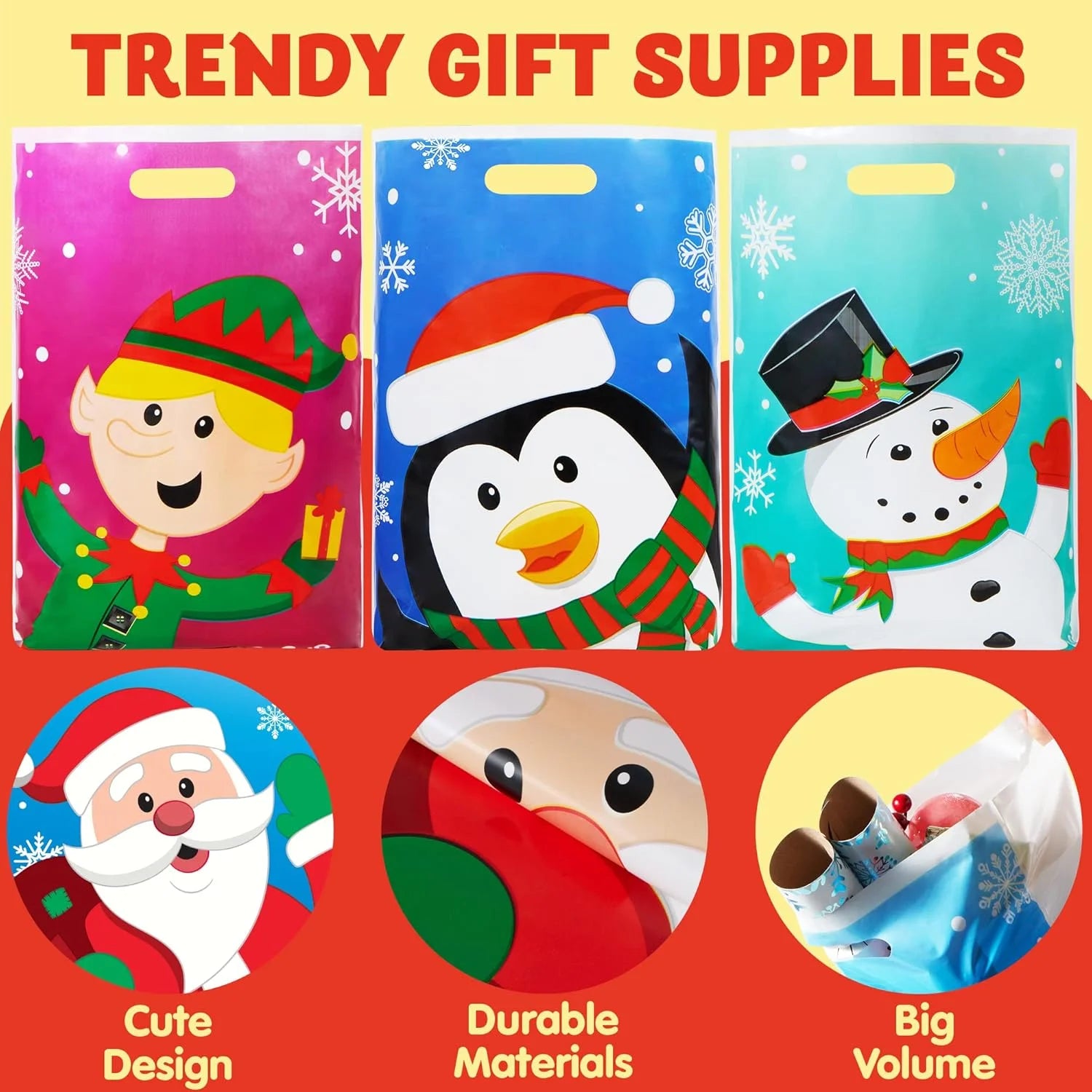 72 Pcs Christmas Bags for Xmas Holiday Goody Gift, 11" X 16"Christmas Snacks Plastic Shopping Bags with Handles for Present Wrapping, Festive Party Favor, Party Decoration Supplies