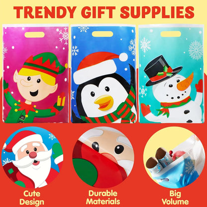 72 Pcs Christmas Bags for Xmas Holiday Goody Gift, 11" X 16"Christmas Snacks Plastic Shopping Bags with Handles for Present Wrapping, Festive Party Favor, Party Decoration Supplies